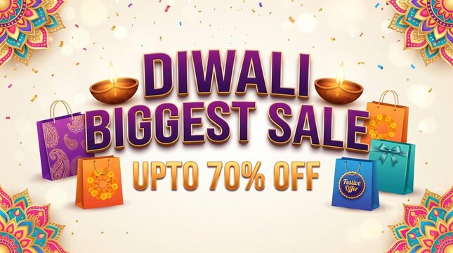 Diwali Biggest Sale Commercial Banner with Up to 70 Percent Off and Shopping Bags