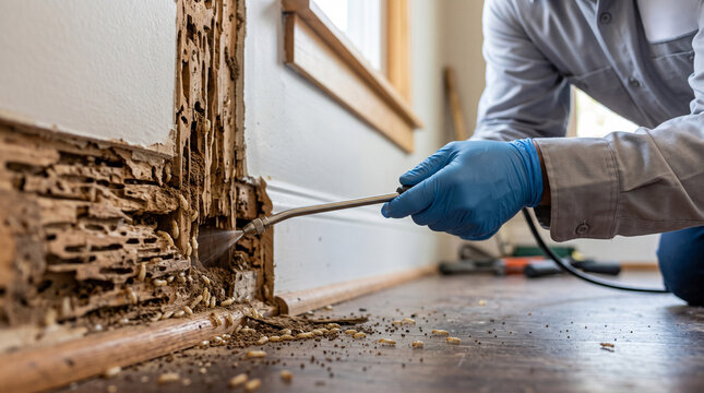 Exterminator Spraying Termite Treatment on Damaged Wall