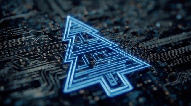 High tech pulsing blue neon Christmas tree circuit symbol with geometric internal pathways on dark PCB motherboard background (AI Generated)
