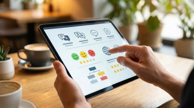 multilingual customer feedback tablet Person using tablet to give feedback with rating icons in a cozy cafe setting.