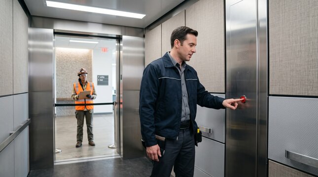 Technician Testing Emergency Button in Modern Elevator