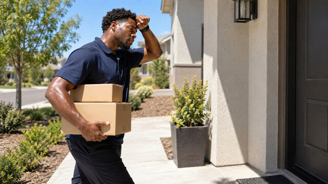 Sweating courier carrying parcels to front door on hot summer day, heat stress and outdoor worker safety
