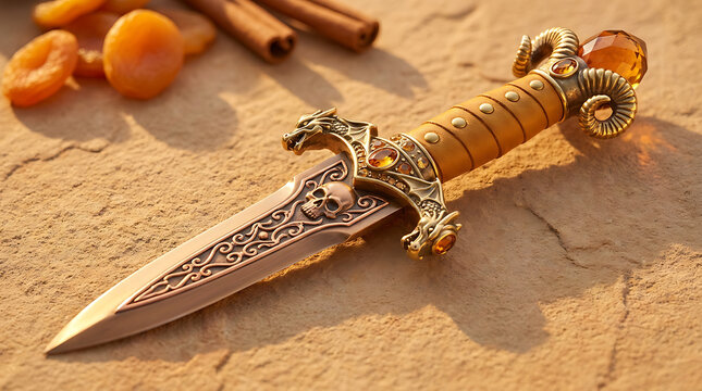 Ornate fantasy dagger with a dragon hilt and skull engraving resting on a textured stone surface with dried apricots and cinnamon sticks nearby