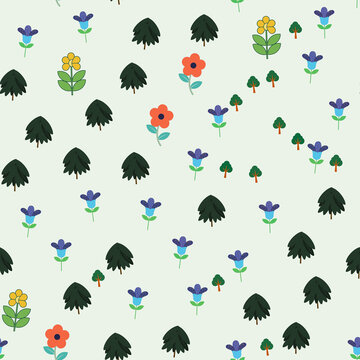 Stylized trees and flowers seamless pattern