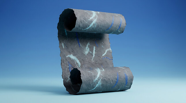 A textured dark grey paper scroll with blue and light blue fiber inclusions, standing upright against a solid blue background