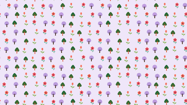 Stylized trees and flowers seamless pattern