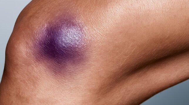 Human skin presenting a vivid purple bruise on the knee, indicating trauma, swelling, and internal bleeding, requiring potential medical attention and recovery
