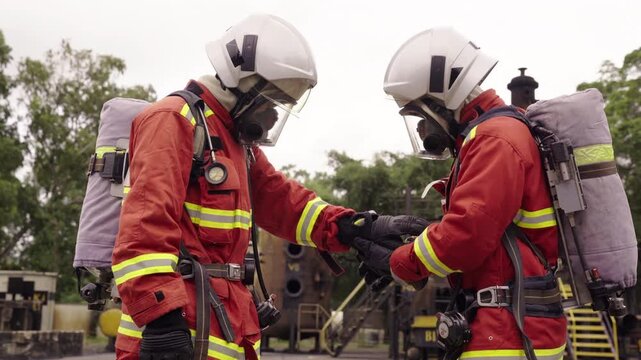 Firefighters checking safety equipment together before operation