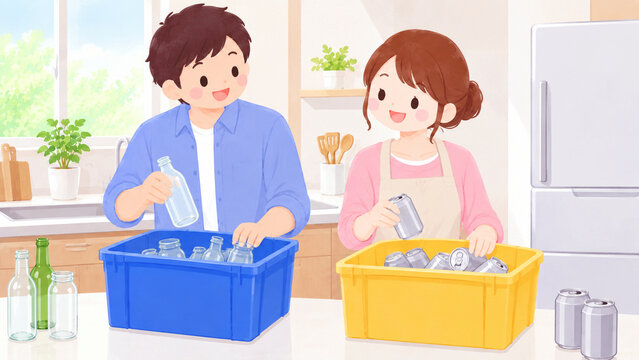 キッチンで空きびんと空き缶を分別する夫婦のイラスト
