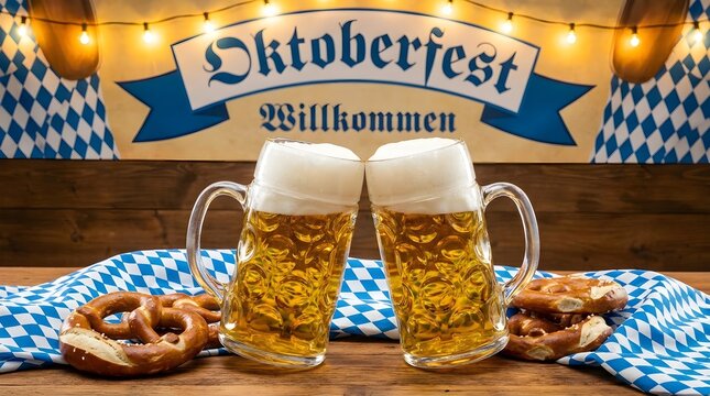 Oktoberfest beer steins clinking with pretzels on a festive table