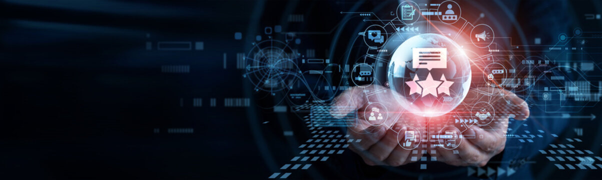 Support manager. Human hands holding Feedback glowing global globe collecting customer experience review ratings. Survey specialist analyzing online consumer opinion data graphs.