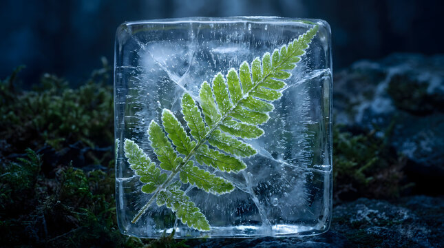 Macro photography of a vibrant green leaf perfectly encased inside a solid clear block of ice