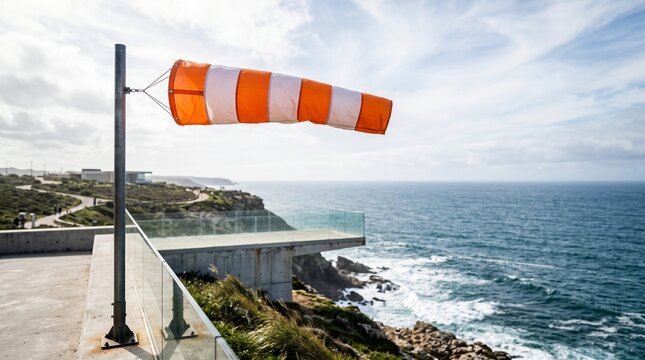 A windsock flutters in the strong wind by the ocean.