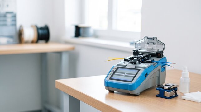 Fiber optic fusion splicer machine in a modern workspace
