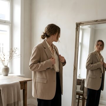 Young woman adjusting her beige blazer in a mirror with natural light