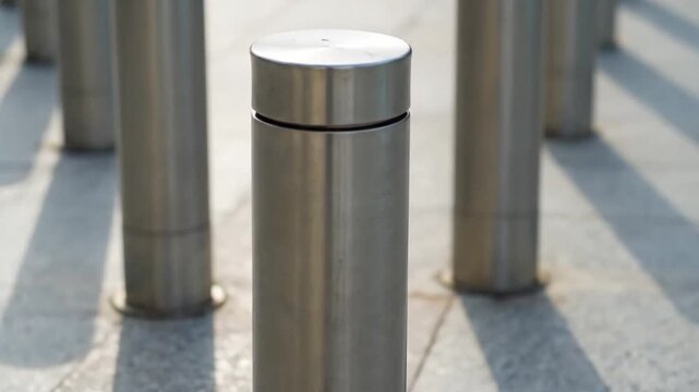 A row of metal security bollards stands on a stone sidewalk