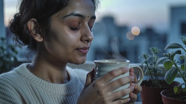 Twilight drawing woman cradling, sipping mug on windowsill, in sweater seeking warmth, steam rising