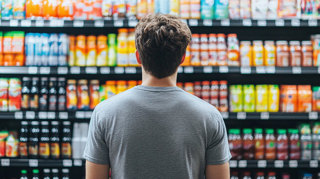 A young man standing in front of supermarket shelves filled with colorful beverage bottles, looking at products to choose what to buy during daily grocery routine inside modern retail grocery store sh