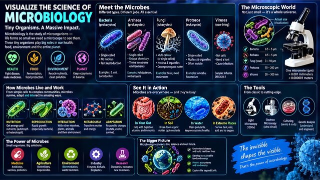 Microbiology science infographic chart showcasing microbes bacteria viruses fungi organisms, educational biology poster design, scientific medical laboratory research visualization backdrop