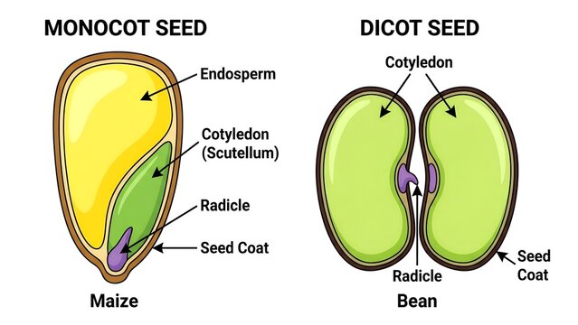 Monocot seed and dicot seed anatomy structure comparison vector graphic, educational biology diagram of maize corn and bean plant seeds, labeled botany scientific chart illustration for study