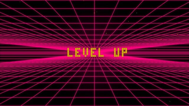 Retro Synthwave Background with Neon Pink Grid and Pixel Art Level Up Text for Gaming and Arcade Concept