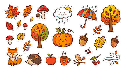 Obraz premium Cute autumn vector doodles set with cartoon fox, hedgehog, pumpkin, leaves and umbrella