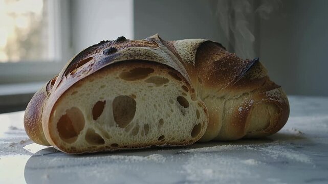 Pulling camera close up revealing sliced artisan loaf on marble counter by window, showing crumb