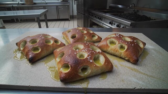 Pulling back, camera revealing four dimpled breads on stone slab at kitchen, glaze pooling
