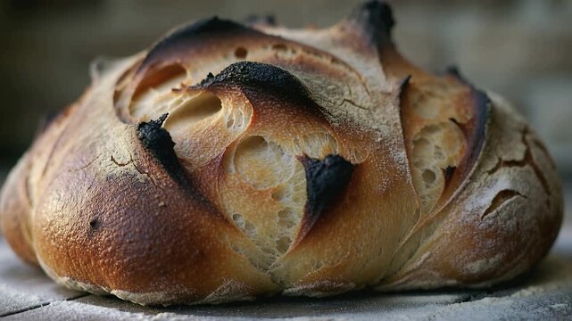 Moving camera capturing steaming sourdough loaf on floured board at bakery, revealing charred crust