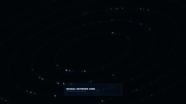 Futuristic digital neural network core with glowing data points on dark background representing high technology animation systems and data processing