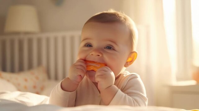 Smiling Baby Chewing an Orange Teether in a Sunlit Nursery