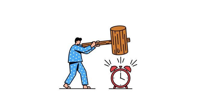 Man in pajamas hitting alarm clock with giant mallet.