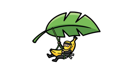 Obraz premium Ninja banana hang gliding using a green leaf.
