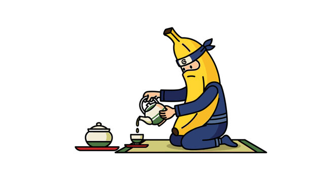 Ninja banana character pouring hot tea illustration