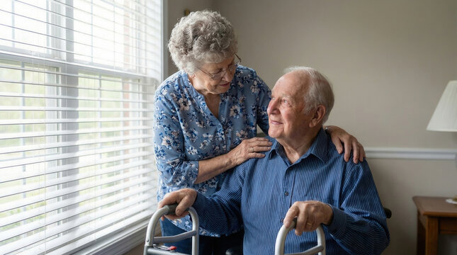 Loving elderly wife supporting her senior husband as he walks with a medical walker device