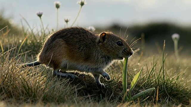 Sensing sunlight tiny brown mouse scanning and foraging across meadow near green blade, seed fluff