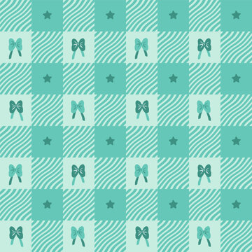 Seamless mint green checkerboard pattern with wavy stripes and stars. Cute pastel coquette grid background illustration