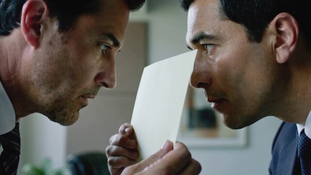 Raising right-side man holding paper between faces in office, both wearing suits