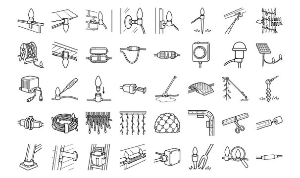 Outdoor string and holiday light installation and maintenance showing connectors, clips, timers, solar stakes, reels, plugs and mounting accessories &mdash; Outline Icon Set