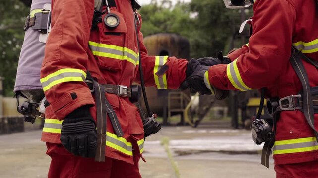 Firefighters checking safety equipment together before operation
