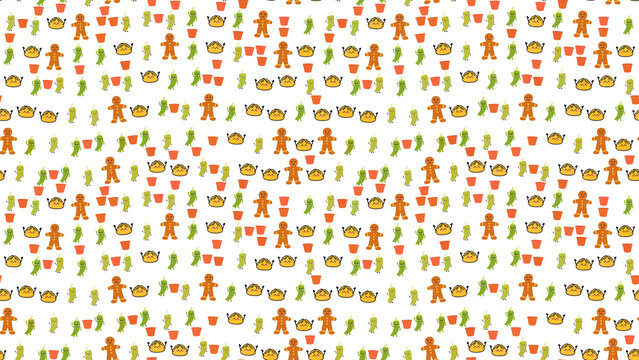 Cartoon gingerbread men, chili peppers, and cups seamless pattern
