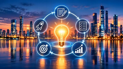 Obraz na płótnie Canvas Glowing lightbulb encircled by project planning rocket launch and analytics icons over a modern city skyline symbolizing strategic business growth