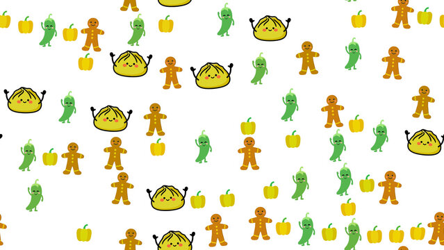 Cute cartoon food pattern with gingerbread men and peppers