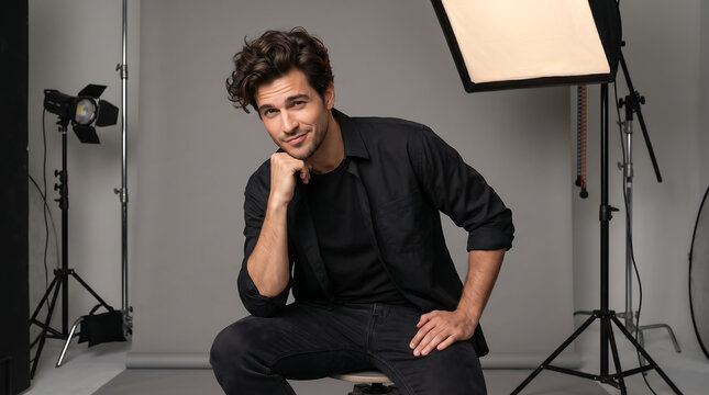 Confident young man with smirk posing in professional photo studio