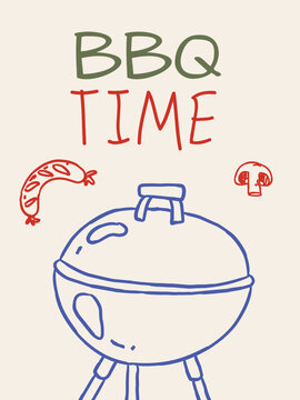 BBQ Time Hand Drawn Vector Poster, Minimalist Charcoal Grill Line Art Illustration For Kitchen Wall Decor, Summer Barbecue Party Invitation