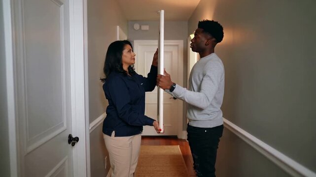 Pivoting two adults steadying framed panel as narrow hallway prompts cautious alignment, in jackets
