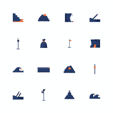 Coastal erosion defence icon set of sixteen symbols
