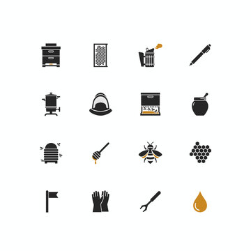 Beekeeping and apiary icon set of sixteen symbols