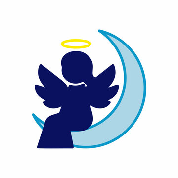 Angel silhouette sitting on crescent moon with yellow halo