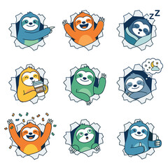 Obraz premium Cute cartoon sloths breaking through paper holes set with various playful expressions and colorful poses